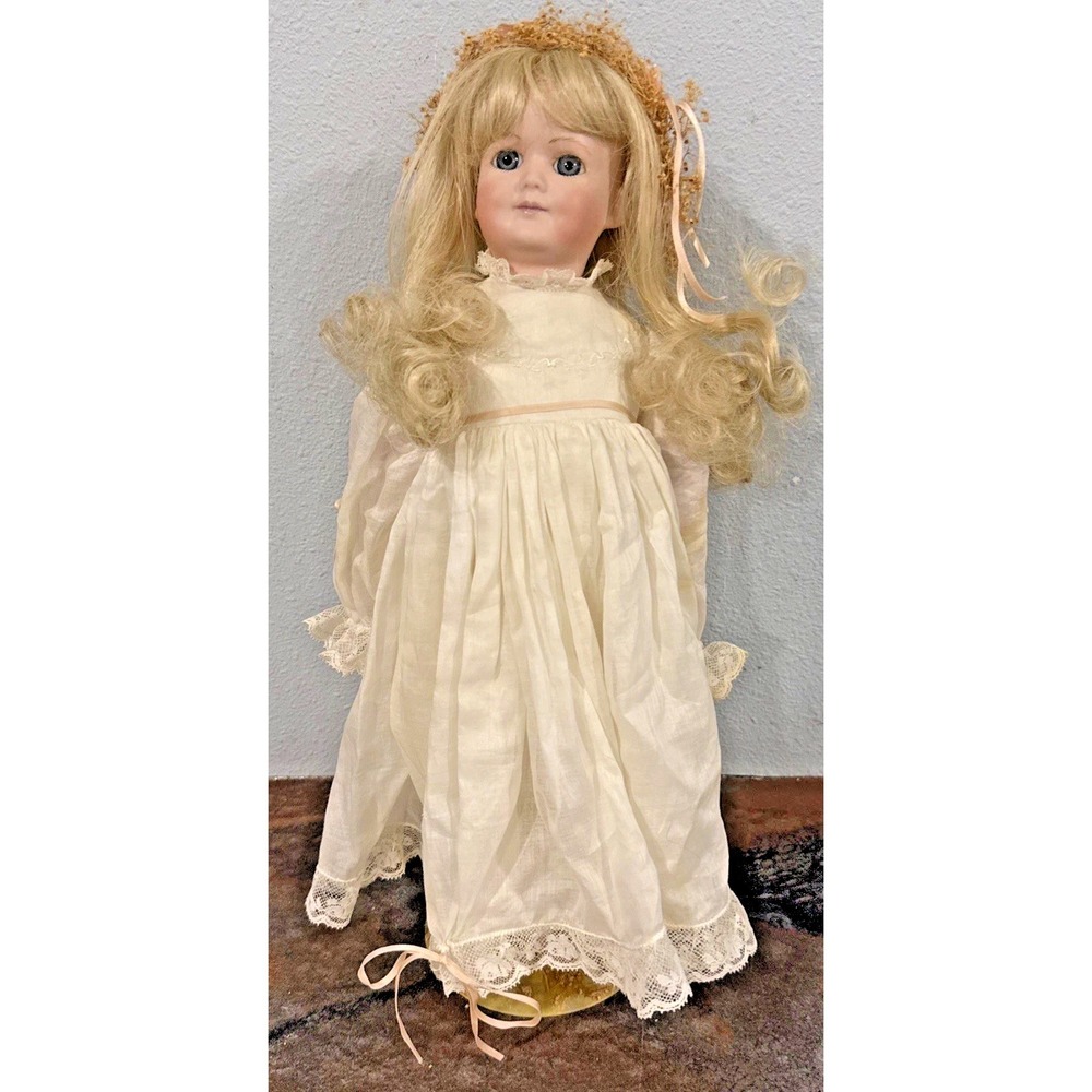 Vintage 16" Bru Jne French Bisque Style Doll Reproduction Blue Eyes Lace Dress